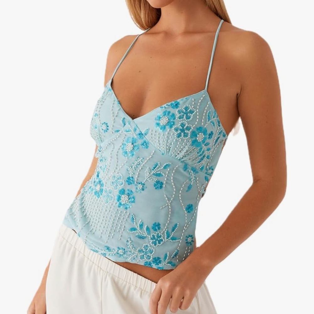 Blue Floral Embellished set. Top and shorts included. Never worn
